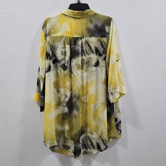 Torrid Size 2X Sheer Blouse Yellow Abstract Print Button Down 3/4 Sleeve Casual - Picture 9 of 12